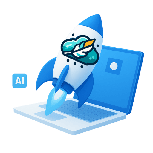 CreativityHub - Laptop z rakietą i logo chmuły